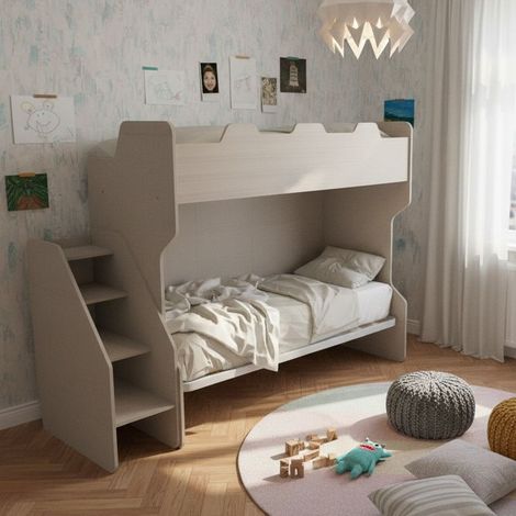 Letto a castello salvaspazio con terzo letto estraibile e scala laterale - Ideale per camerette - Effetto tessuto