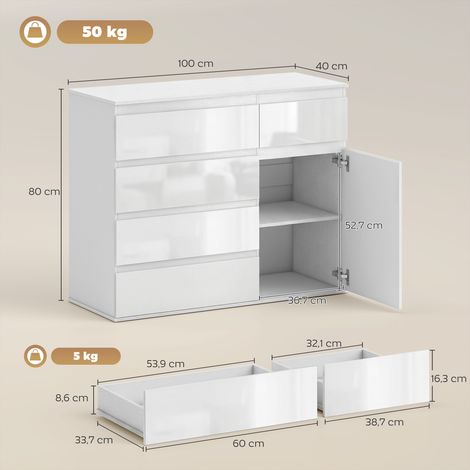 Buffet moderne, buffet de rangement avec 5 tiroirs, étagère réglable, porte à fermeture amortie, blanc laqué brillant (1/5)