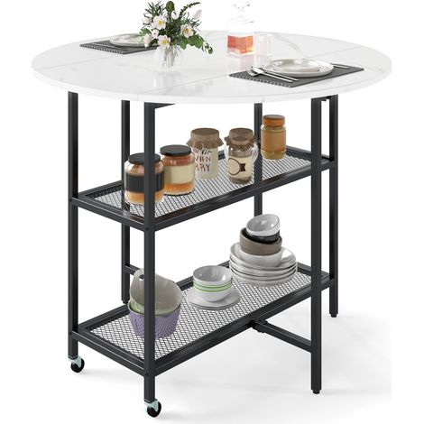 Tavolo da pranzo pieghevole mobile per 2-4 persone, tavolo rotondo pieghevole con 2 scomparti portaoggetti e ruote con freno, bianco (1/5)