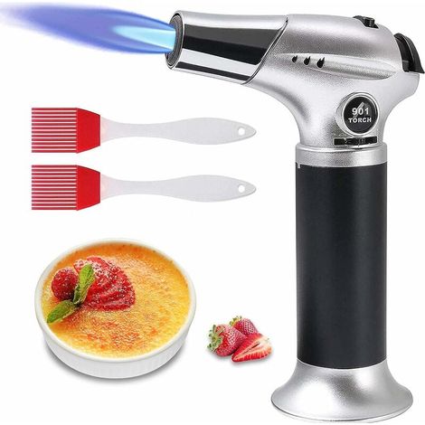Chalumeau de cuisine rechargeable avec verrouillage de sécurité, flamme réglable et 2 brosses en silicone pour la cuisine, le barbecue, la pâtisserie, le soudage et le camping (butane non inclus). (1/5)