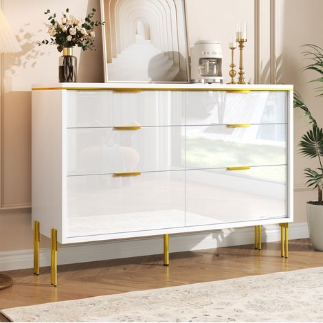 Buffet de salon avec 6 tiroirs et façades brillantes, 120x40x85,5 cm, blanc (1/5)