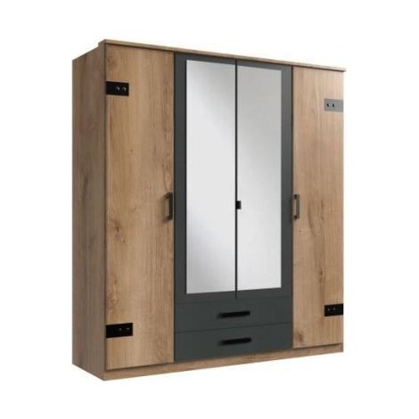 Armoire CORFOU - Décor Chene et gris anthracite + Miroirs - 4 portes battantes - 2 tiroirs - L180 x P58 x H199 cm (1/5)