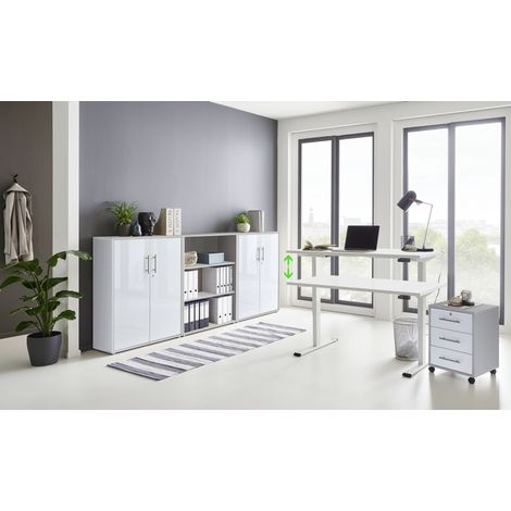 BMG Möbel Büromöbel komplett Set mit elektrisch höhenverstellbaren Schreibtisch in weiß Arbeitszimmer e-Dition in lichtgrau/weiß Hochglanz lackiert/Gestell weiß