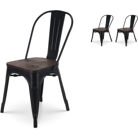 Set mit 2 Stühlen aus mattschwarzem Metall und Sitz aus dunklem Holz - Industrial Style