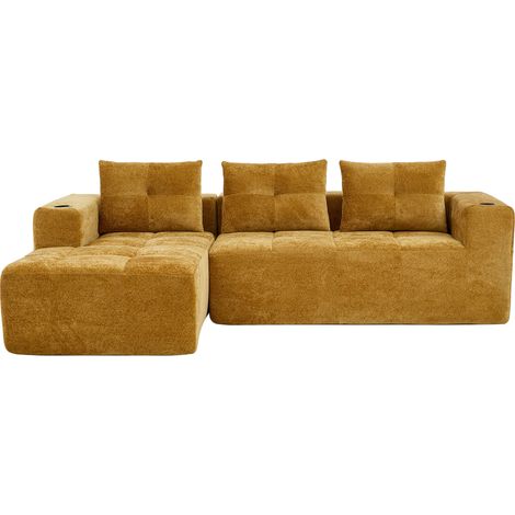 Divano angolare L giallo 255 x 161 x 64 cm con 3 cuscini e portabicchieri