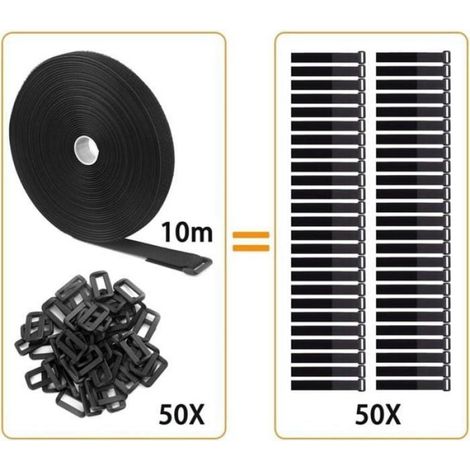 Sangles/Attaches de Cable Réutilisables Réglables Noires de 10m Avec 50 Boucles et Sangle de Fixation à Croch ETIQUETTE DE SECURITE (1/4)