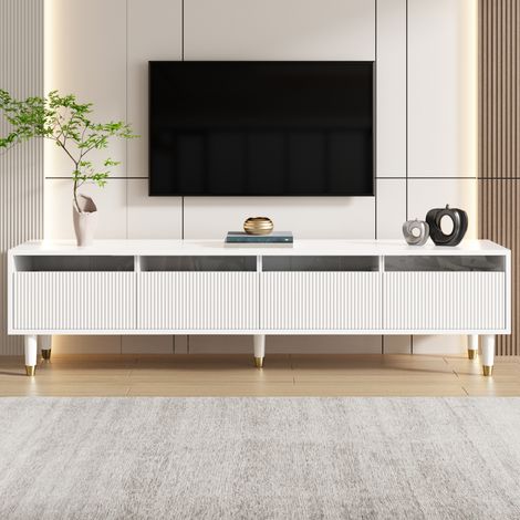Meuble TV moderne 178x35x45cm - Avec éclairage LED - 4 tiroirs - Aspect bois - MDF - Blanc (1/5)