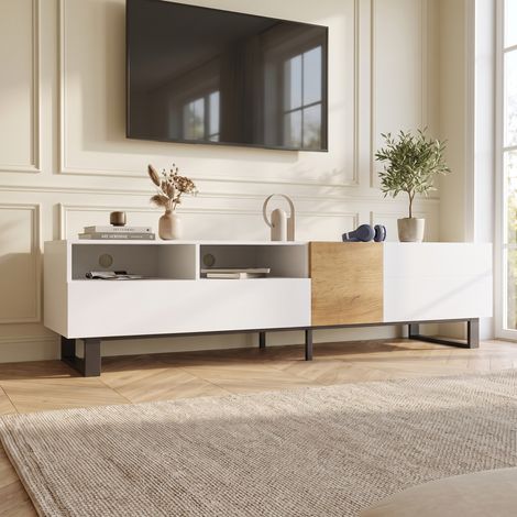 Meuble TV 180x38x50cm avec Tiroirs et Portes en Bois et Métal Style Moderne Minimaliste Blanc et Bois (1/5)