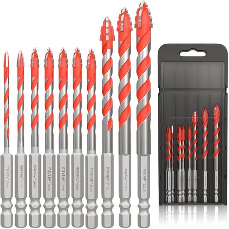 Juego de 10 brocas para azulejos MAYSAY - Diámetros: 3, 4, 5, 6, 6, 6, 6, 6, 8, 10, 12 mm - Para porcelana, cerámica, azulejos, hormigón, paredes de ladrillo y vidrio. (1/5)