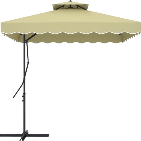 Parasol déporté de jardin 2,4 x 2,4 x 2,6 m, toit ventilé avec bordure décorative, structure métallique, grand parasol terrasse et balcon, beige (1/5)