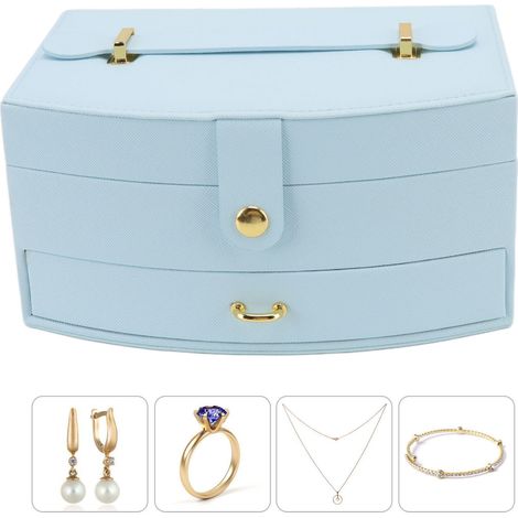 Boîte à bijoux à double compartiment avec serrure, boîte de rangement pour colliers et bracelets de style tiroir, fraîche et propre, bleu rafraîchissant couleur macaron. (1/5)