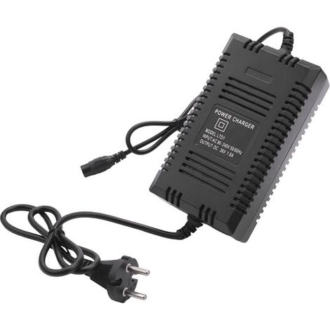 36V 1.8A lead-acid battery charger, in black plastic, conforming to European standards, for electric scooters. (1/5)