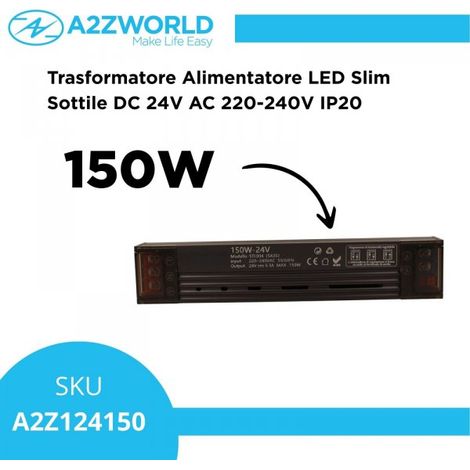 Trasformatore Alimentatore LED Slim Sottile 150W DC 24V AC 220-240V IP20 Dimmerabile a DIP con Coperchio Protezione su Morsetti 185x35x25mm