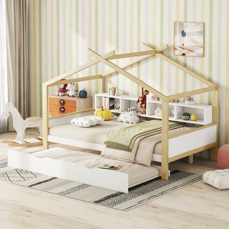 Okwish – Lit cabane d'enfant 140x200 cm – Lit gigogne avec 4 compartiments de rangement – Bois de pin et MDF – Blanc (1/5)