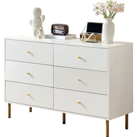 Commode moderne à 6 tiroirs, commode de rangement blanche avec poignées en alliage de zinc et pieds en acier, 120×40×78 cm, meuble MDF pour chambre, salon, entrée (1/5)