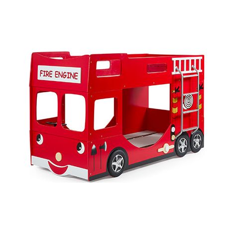 M&S – Lit superposé camion de pompier 90x200 cm – 2 sommiers et matelas inclus – Panneaux de particules – Coloris rouge laqué