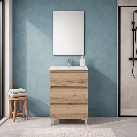 Mobile bagno a terra 60 cm in quercia naturale con lavabo e specchio Leda (1/5)