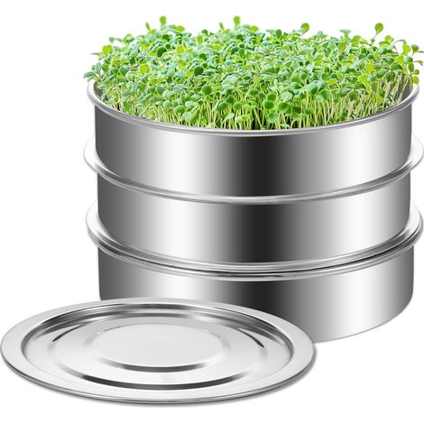 Keimschalen für Sprossen, 3-Tier Stackable Sprossen Anzuchtset Edelstahl Germination Trays Microgreens mit Feines Netz für Effiziente Entwässerung (1/5)