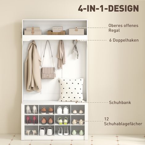 Armoire de rangement avec étagères, banc, patères, casiers à chaussures, panneaux en aggloméré et MDF, blanc (1/4)