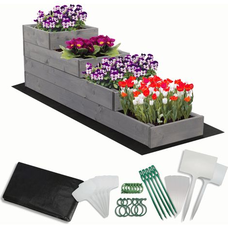 MODO24 Carré potager surélevé en bois, 4 niveaux en cascade, 36x30x120 cm, jardin/terrasse, kit jardinier inclus, gris imprégné