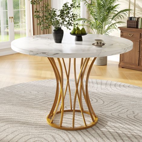 Runder Esstisch 80 x 80 x 76 cm, MDF-Tischplatte in Marmoroptik, goldene Metallbeine HAVRYA (1/5)