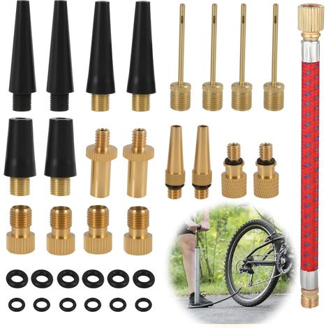 33 Pièces Adaptateur Gonflage Pneu Velo, Embout Pompe à Vélo, Ensemble d’Adaptateurs DV SV AV, Tube de Gonflage, Aiguilles à Bille et Accessoires pour Vélo, Auto et Ballons (1/5)