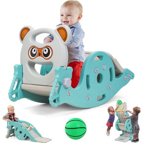 Toboggan pour enfants, cheval à bascule, jouet quatre en un, avec mini support de basket, capacité de charge de 40 kg, 34 × 40 × 100 cm. (1/5)