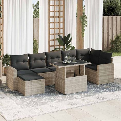 Ensemble Salon Jardin 8 Pièces Résine Tressée Gris Clair avec Coussins - Table Réglable et Stockage Intégré (1/5)