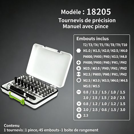 Kit tournevis manuel + pince 18205 – 45 embouts S2, aimanté, pour micro‑réparations (1/5)
