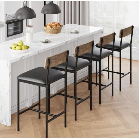 Lot de 4 Tabourets de Bar Industriels 65 cm avec Dossier, Assise Rembourrée PU et Repose-Pieds, Cadre Métal Noir et Bois Marron pour Cuisine (1/5)