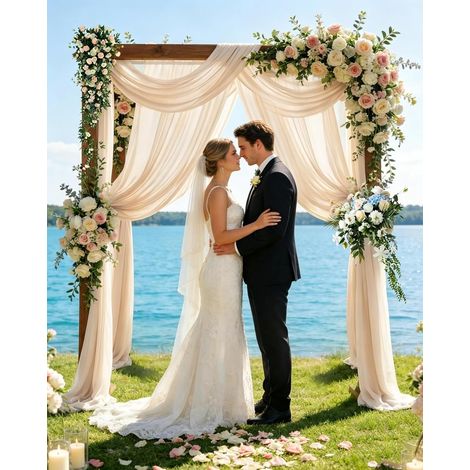 75 x 600cm Voilage Arche Mariage, Champagne Rideau en Tulle Tissu Mousseline, Rideau de Fond Infroissable Pour Arche de Mariage, Décoration de Plafond (1/5)