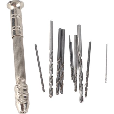 Taladro manual plateado con 10 brocas HHS, herramienta para reparar placas de circuitos impresos y relojes. (1/5)