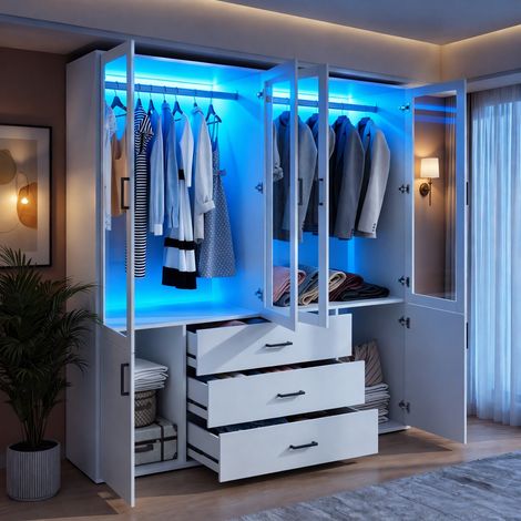 JOOKGBD-Armadio con Illuminazione LED Integrata,Doppie Ante Superiori in Vetro Specchiato,3 Cassetti Centrali e 2 Ante Laterali,Grande Spazio di Archiviazione per Camera o Soggiorno,Design Moderno,Bia (1/5)