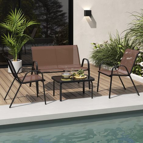 Ensemble Salon de Jardin 4 Pièces 2 Fauteuils 1 Canapé 1 Table Basse en Verre pour Terrasse Piscine Patio Balcon Brun (1/3)