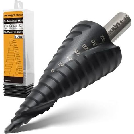 M35 Metall-Stufenbohrer Ø 4-32 mm mit AlTiN-Beschichtung, Fräser für Edelstahl, Metall, Kunststoff, Holz, 15 Stufenbohrer mit konischen Bohrern - (1/5)
