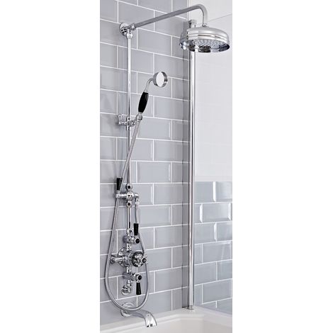 Milano Elizabeth Grand Rigid Riser with 3 Outlet Exposed Triple Thermostatic Shower Valve Round Rainfall Shower Head Hand Shower Handset and Wall Mounted Bath Spout - Chrome & Black