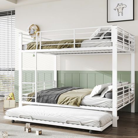 Cama litera de metal para 3 personas con cama inferior extraíble 140x200 blanco OKWISH (1/5)