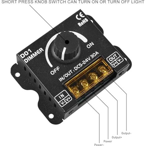 Lot de 2 variateurs LED DC 12 V 24 V pour bandes LED, 30 A, variateur PWM LED avec télécommande, bouton d'intensité pour régler la luminosité, régulateur de luminosité pour bande lumineuse (1/3)