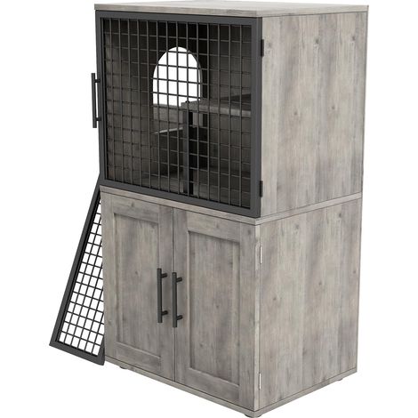 Meuble de litière pour Chats 2 Niveaux – Armoire cachée avec Porte latérale, échelle et Plateforme – Réduit Les odeurs, Style Moderne, pour litière épaisse 56 x 43 cm, Gris (1/5)