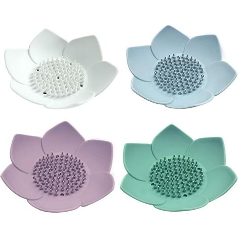 Lotus Flower Shaped Soap Dish, 4 pcs Silicone Soap Box, Silicone Soap Dish Drainer, with Drainage for Bathroom or Kitchen to Keep Soap Dry and Clean (1/5)