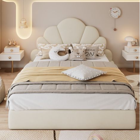 Bett 140x200 cm, modernes Polsterbett in Beige mit Samtbezug, blütenförmigem Kopfteil, Lattenrost und Antirutsch-Design (1/5)