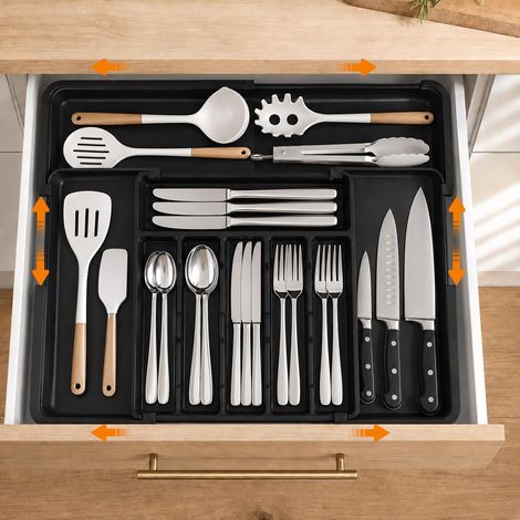 Range couverts pour tiroir, organisateur tiroir cuisine, antidérapant et étanche, sans BPA, 9 compartiments, grande capacité, extensible 33×37 à 48×56 cm, convient à tous les tiroirs (1/5)