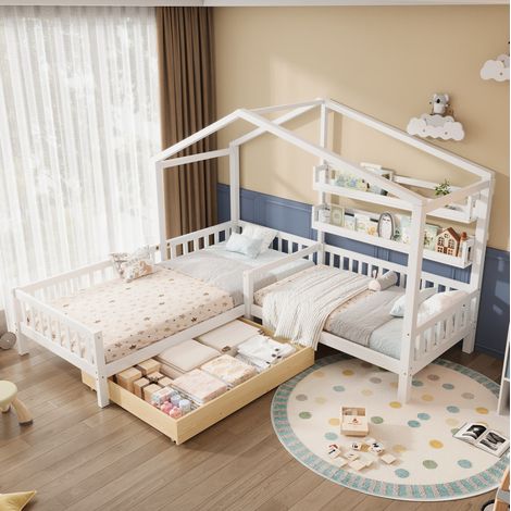 Letto a casetta con cassetto e mensole in legno OKMYHOME (1/5)
