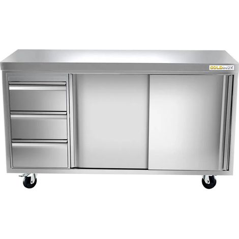 Meuble bas inox 1800x600 mm avec 3 tiroirs à gauche sur roulettes PREMIUM - GOLDINOX (1/2)