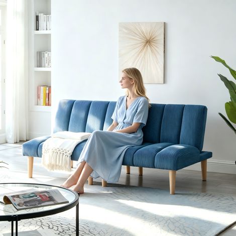 Canapé droit 2 places 167cm bleu en velours côtelé - Canapé-lit - Canapé convertible avec dossier réglable sur 3 positions - Gain de place - Couchage d'appoint moderne pour petits espaces (1/5)