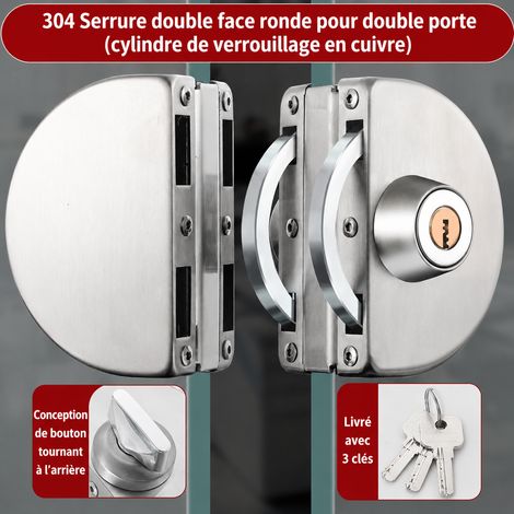 Serrure sans perçage pour double porte en verre 801 cylindre cuivre 304 et 3 clés 801 304 réf 0119 1 kg – Livraison gratuite