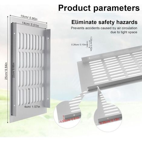 Grille d'aération en aluminium - 250 x 150 mm - Gris - Rectangulaire - Pour armoires, chambres et portes (1/3)