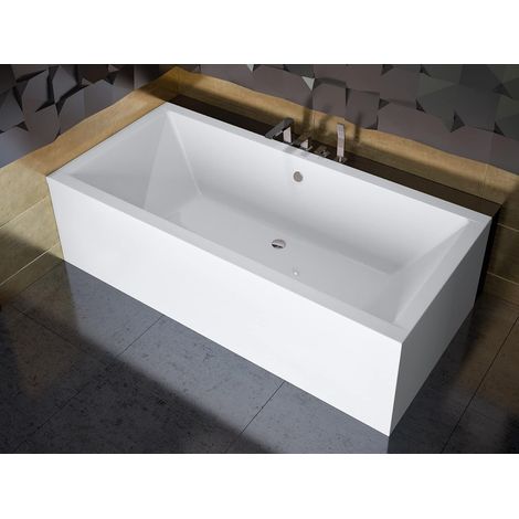 ECOLAM Baignoire rectangle Quadro 180x80 cm, tablier en acrylique, pieds, siphon et silicone, ensemble complet, Baignoire rectangle en acrylique (1/5)