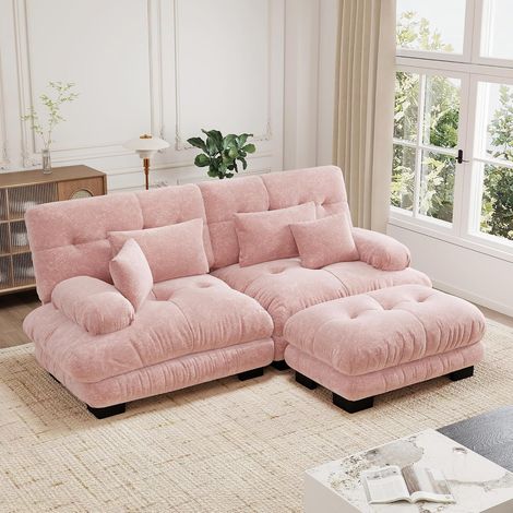 Canapé d'angle nuage pour salon, canapé deux places en chenille rose avec 2 coussins lombaires et 2 coussins décoratifs, canapé capitonné avec larges accoudoirs et pouf (1/5)