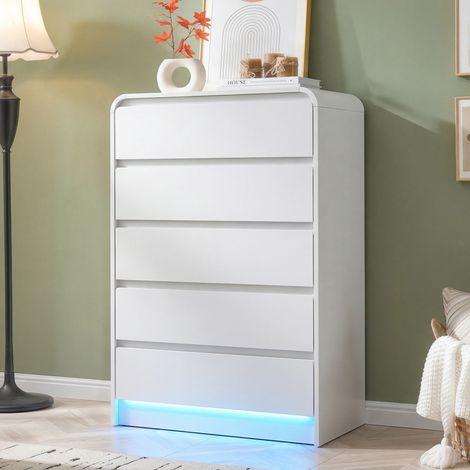 Hochkommode 73x40x110 cm mit 5 Schubladen und intelligenter RGB-LED-Beleuchtung, modern, Holzwerkstoff, Weiß